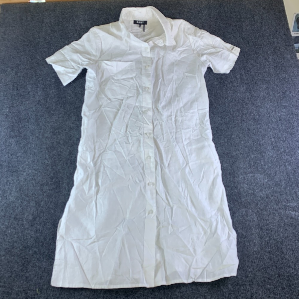 DKNY Shirt Dress Womens Medium White Linen Side Slit Chest Pocket Button Front